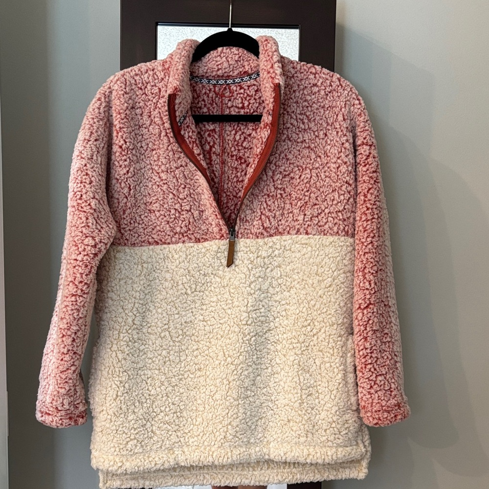 Cozy Two-Tone Sherpa Pullover Jacket - Pink & Cream